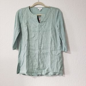 NWT J Jill Linen Blouse Size XS 3/4 Sleeve Sea Glass Green Mixed Media